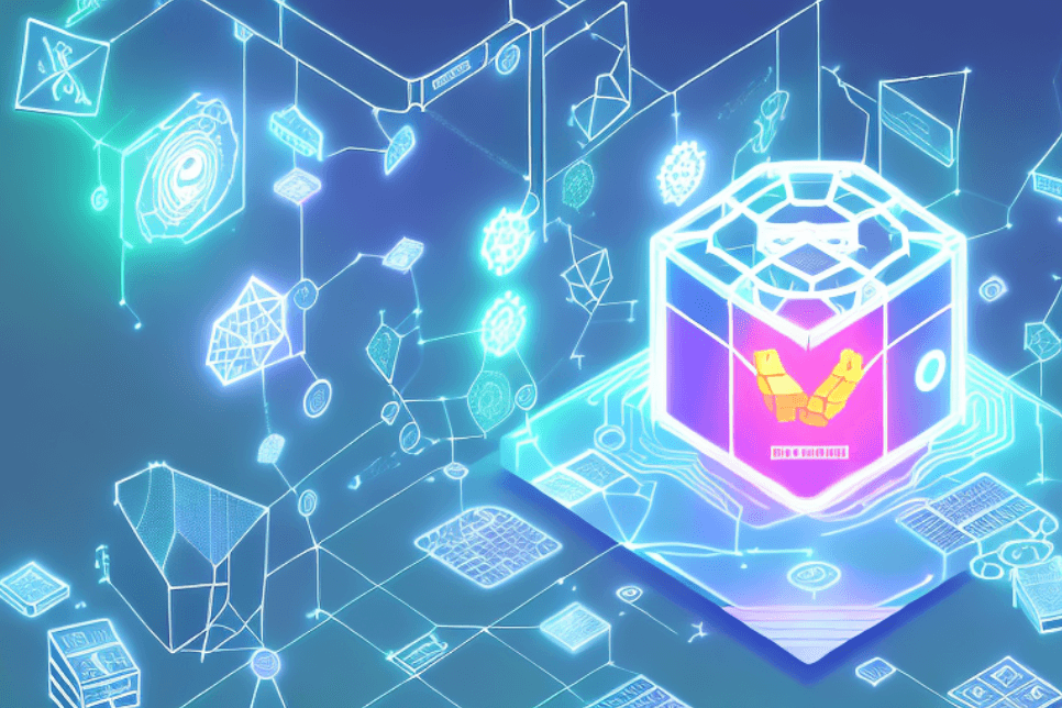 image of a digital environment with a futuristic box to represent an NFT mystery box